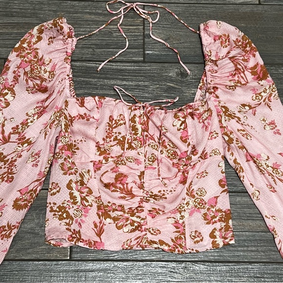 NWT $98 Free People Hilary Printed Top Size Small Pink Combo Smocked Back Blouse - Picture 9 of 16